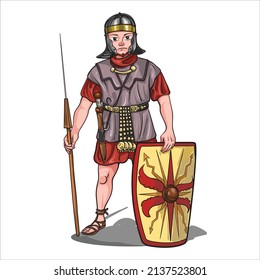 Cartoon Roman Soldier Holding Shield With Spear . Vector Clip Art Illustration 
