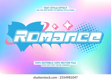 Cartoon 'Romance' text style effect on a hologram background, featuring brutalism design elements.