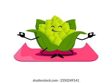 Cartoon romanesco cabbage vegetable character on yoga sport. Vector green veggies meditate in lotus asana promoting zen, healthy and balanced lifestyle, adding playfulness and fun to fitness routine