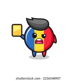 cartoon romania flag badge character as a football referee giving a yellow card , cute style design for t shirt, sticker, logo element