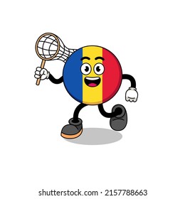Cartoon of romania flag catching a butterfly , character design