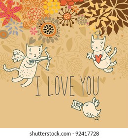 Cartoon romantic background with funny cats-cupids