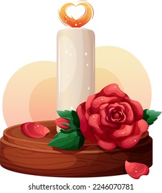 Cartoon romantic candle with red rose isolated