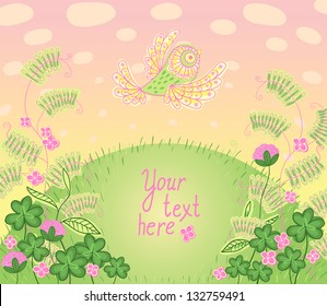Cartoon romantic card in vector. Colorful background a place for your text. Floral wallpaper with bird.