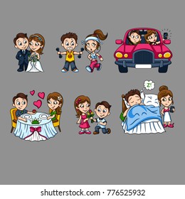 Cartoon romantic characters set with cute lovely couple in different situations isolated vector illustration