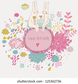 Cartoon romantic composition. Cute rabbit pair in flower