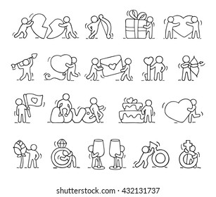 Cartoon romantic icons set of sketch working little people with love symbols. Doodle cute miniature scenes of workers with hearts, arrows. Hand drawn vector for valentine day and wedding celebration.