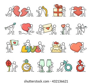 Cartoon romantic icons set of sketch working little people with love symbols. Doodle cute miniature scenes of workers with hearts, arrows. Hand drawn vector for valentine day and wedding celebration.