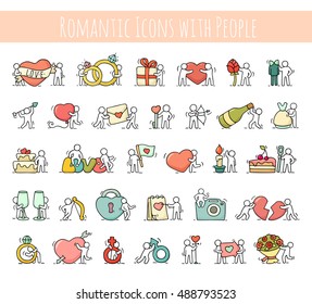 Cartoon romantic icons set of sketch working little people with love symbols. Doodle cute miniature scenes of workers with hearts, arrows. Hand drawn vector for valentine day and wedding celebration.