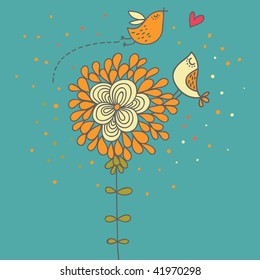 Cartoon romantic illustration. Birds in love on the flower