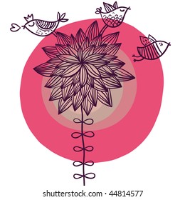 Cartoon romantic illustration. Birds in love on the flower