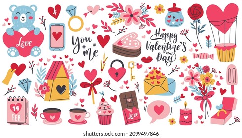 Cartoon romantic love valentines day elements and stickers. Heart shape, sweets, cake and flowers vector symbols set. Valentines day romantic objects. Box with diamond ring, envelope with letter
