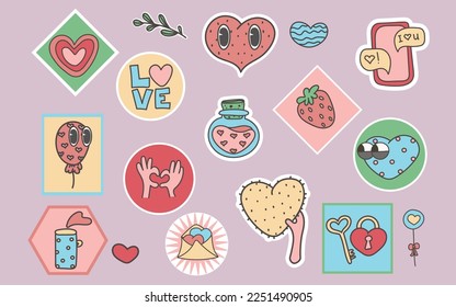 Cartoon romantic love valentines day elements and stickers. Heart shape. Valentines day romantic objects. 