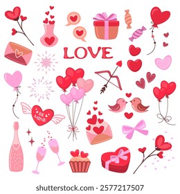 Cartoon romantic love valentines day elements and stickers. Heart shaped balloons, flowers, gift, birds, sparkling wine, cupid's bow and arrow and other decorations, vector illustrations.