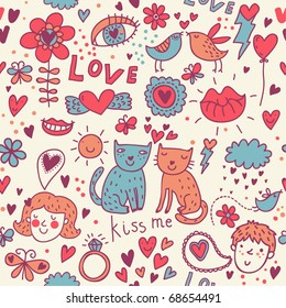 Cartoon romantic seamless pattern with kids, cats and birds