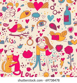 Cartoon romantic seamless pattern with lovers, cats and birds