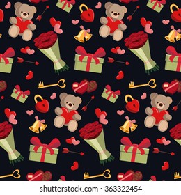 Cartoon romantic seamless pattern on Valentine`s day. Abstract wallpaper, background with valentines, present, bouquet of roses, chocolate candies, teddy bear and lock.