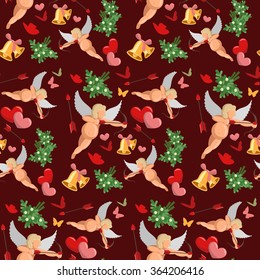Cartoon romantic seamless pattern on Valentine`s day. Abstract wallpaper, background with valentines, cupid, mistletoe, bells, arrow, butterfly. Vector illustration.