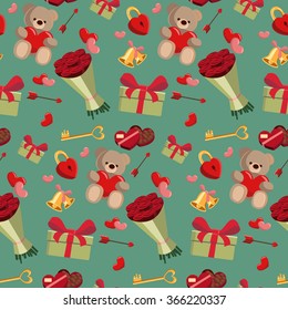 Cartoon romantic seamless pattern on Valentine`s day. Abstract wallpaper, background with valentines, present, bouquet of roses, chocolate candies, teddy bear and lock.