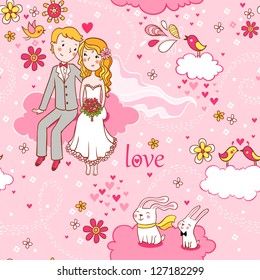 Cartoon romantic seamless pattern in vector. Wedding invitation. Background with a boy and a girl sitting on a cloud.