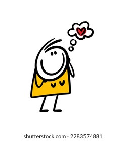 Cartoon romantic woman dreaming of love with heart in comics bubble. Vector illustration of cute female stickman feeling positive emotions.