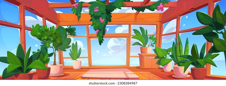 Cartoon room interior with glass walls and flower pots. Vector illustration of apartment balcony, modern office, hotel patio with blue sky, seascape view, green plants on floor and ceiling, relax zone