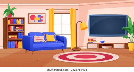 Cartoon room interior. Home furniture. Cozy sofa and armchair. House windows with curtains. Modern apartment decor. Wooden bookcase. TV at wall. Light lamp. Plants in pots. Vector garish background