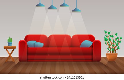 cartoon room interior with red sofa and parquet, vector illustration