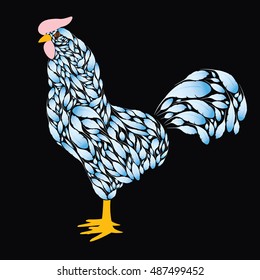 Cartoon Rooster with Blue feathers on a black background . Cock the symbol of 2017.