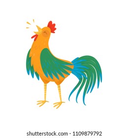 Cartoon rooster character singing song. Male domestic fowl. Farm bird. Flat vector element for advertising, postcard or sticker