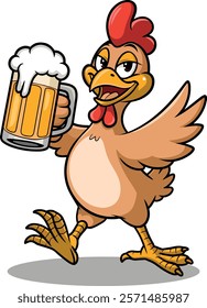 Cartoon rooster chicken holding beer glass vector art illustration