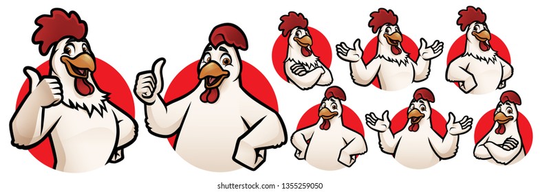 Cartoon Rooster and Chicken Mascot for Logo with 8 poses EPS 10 Vector