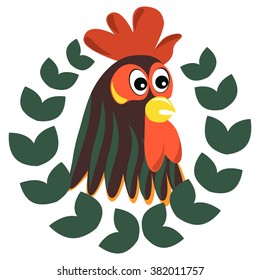 Cartoon rooster or cock head with winner wreath for mascot or another design or logo template