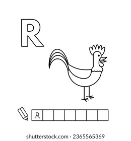 Cartoon rooster coloring pages. Learning game for small children - write a word in English language. Vector alphabet for kids