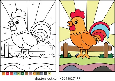 Cartoon Rooster Crowing Color By Number Illustration with Color Key - Fun Educational Activity for Kids to Learn Colors and Numbers