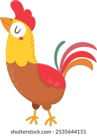 Cartoon rooster crowing, showcasing vibrant plumage, a prominent crest, and stylized design, ideal for children's illustrations or farm themed projects