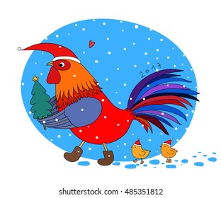 Cartoon rooster cute, little chickens and Christmas tree. isolated objects on white background. Vector illustration.