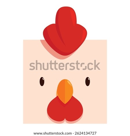 Cartoon rooster face with big red comb on pink background, perfect for farm animal themed designs