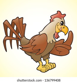 Cartoon rooster gesturing with his wing.