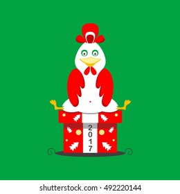 Cartoon rooster with gift vector illustration. Greeting card design. 