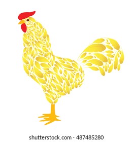 Cartoon Rooster with Golden feathers on a white background. Cock the symbol of 2017.