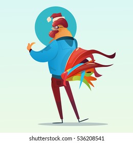 Cartoon Rooster Hipster Banner Flat Vector Illustration