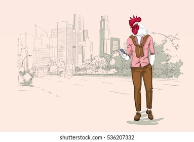 Hipóster de la galera de dibujos animados mediante conversaciones con teléfonos celulares sobre la ilustración de un vector de rascacielos de la ciudad de los moedores