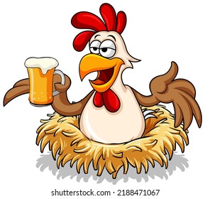 Cartoon rooster holding beer glass illustration