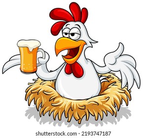 Cartoon rooster holding beer glass illustration