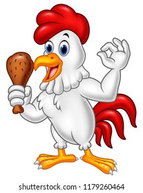 Cartoon rooster holding fried chicken and giving OK sign