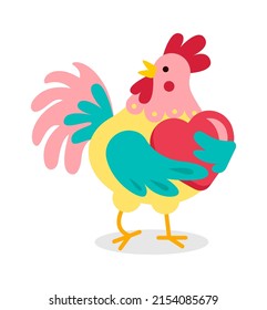Cartoon rooster holding heart. Vector illustration