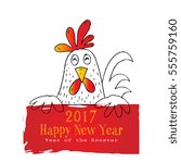 Cartoon rooster holding sign.
