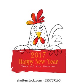 Cartoon rooster holding sign.
