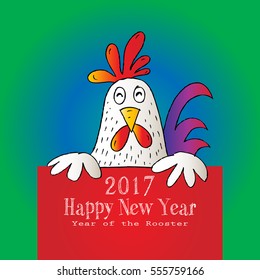 Cartoon rooster holding sign.
